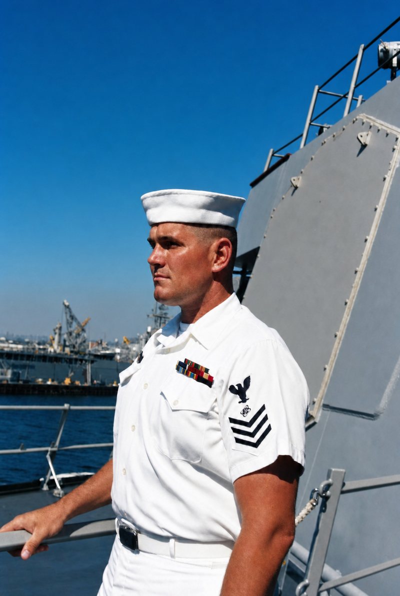 Bill Armour standing aboard USS Curtis Wilbur in U.S. Navy uniform.